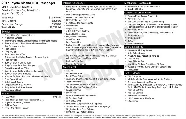 2017 Toyota Sienna LE FWD photo